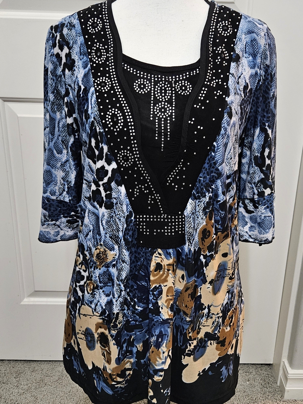 Appointments- Women's Blue Patterned Tunic with Embellished Neckline